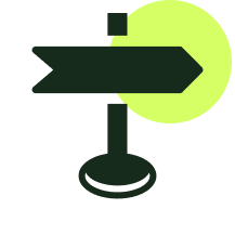 A dark green directional signpost with a right-pointing arrow, silhouetted against a bright, glowing yellow circle.